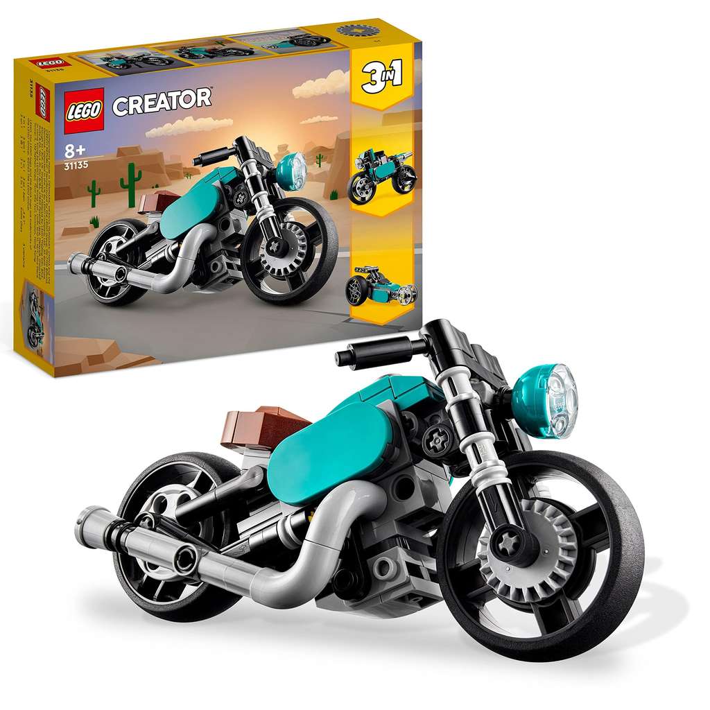 LEGO Creator 3 in 1 Vintage Motorcycle Set, Classic Motorbike Toy to Street Bike to Dragster Car, Vehicle Building Toys for Kids, 31135