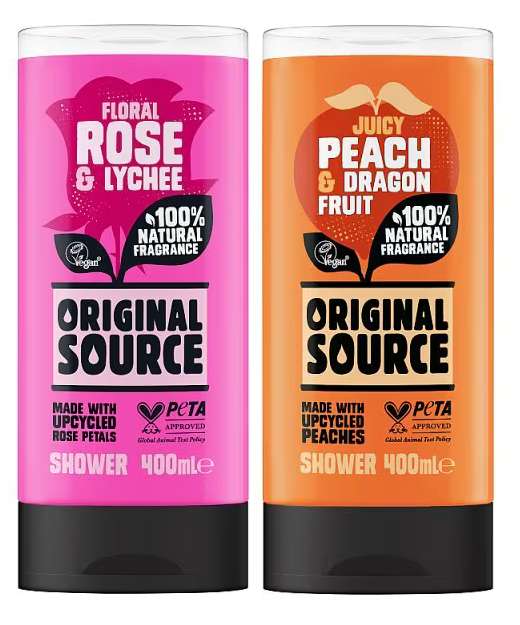 Original Source Rose & Lychee Shower Gel 400ml / Peach & Dragon Fruit Shower Gel 400ml + Free Click & Collect