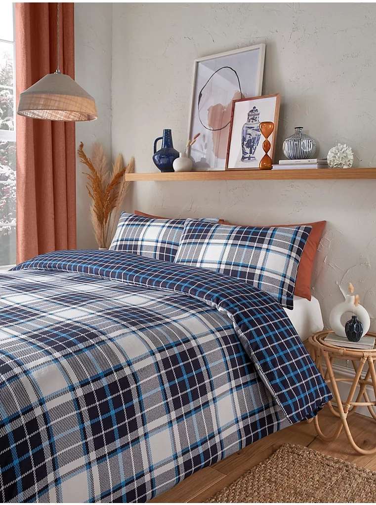 Blue Checked Brushed 100% Cotton Duvet Set - Super king. Free C&C