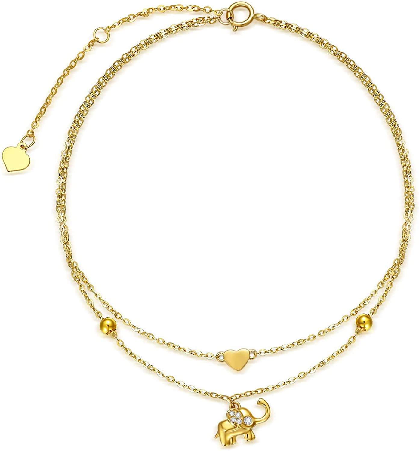 14K Pure Gold Lucky Elephant Anklet for Women, Real Gold Layered Heart Anklet Bracelet Fine Jewelry Anniversary Birthday Mother's Day Gift for Her, Wife, Mom, Girlfriend, 8"+2", Metal, Square Crystal