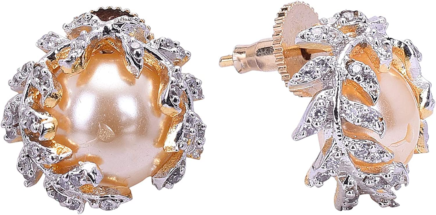Kaleera Cubic Zirconia Gold Round Pearl Top Stud Earrings Jewelry Wedding Bridal Fashion Girls KL3210